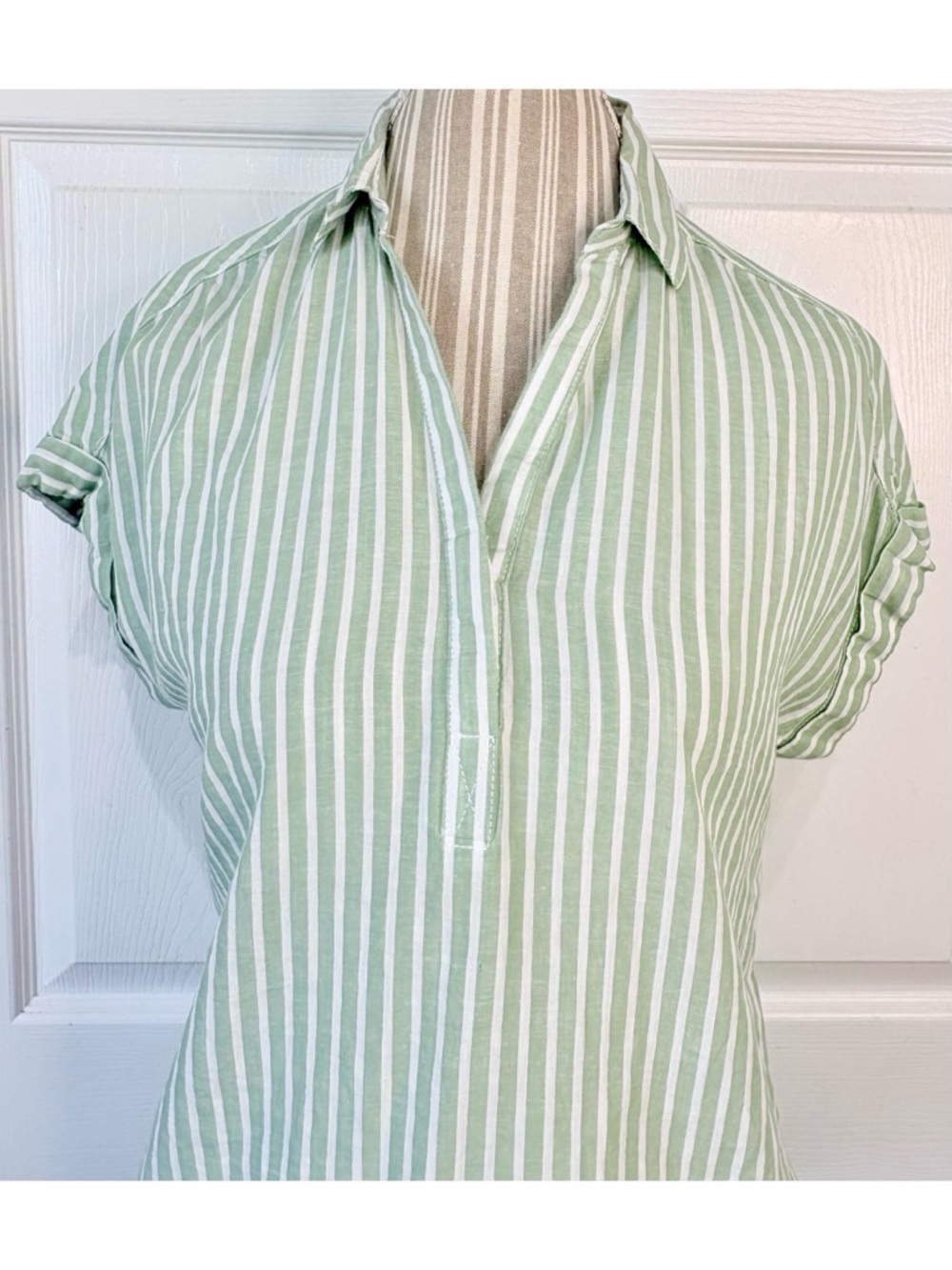 Anthropologie Green and White Striped Short-Sleeve Blouse - Picture 3 of 6